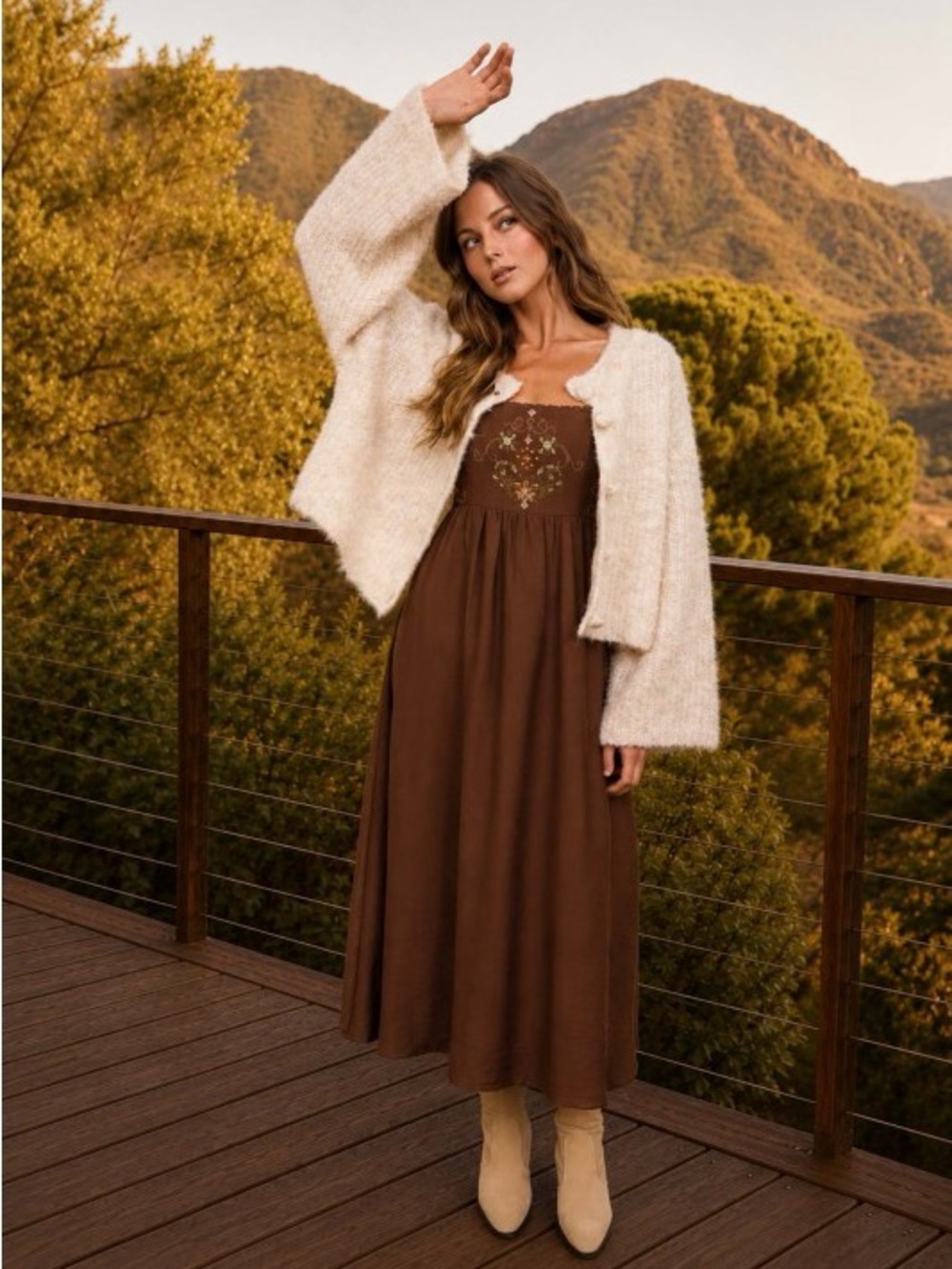 New Brown Embroidered Square-Neck Midi Dress - Picture 3 of 12